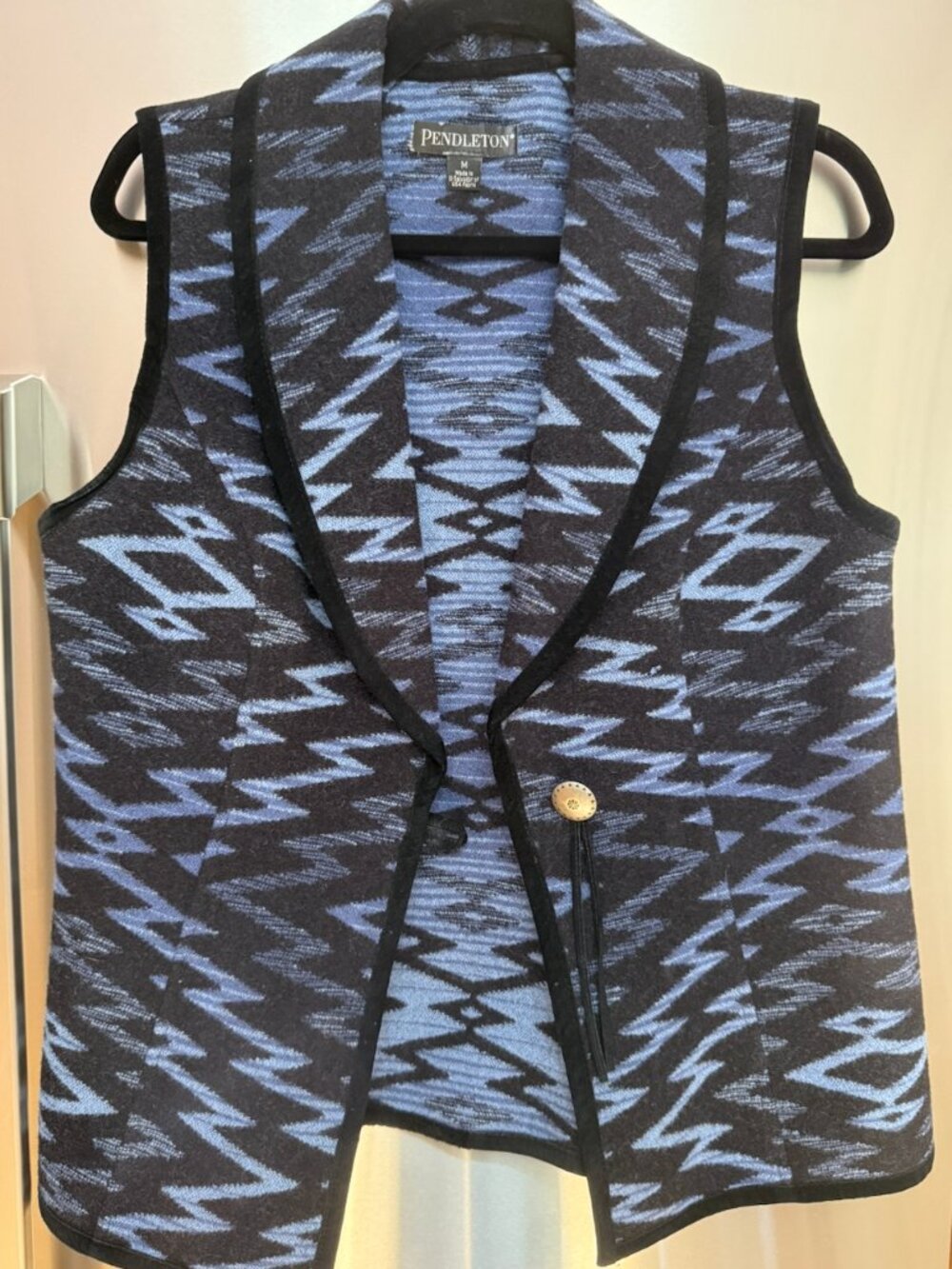Pendleton vintage black blue with black suede leather wool trim western vest M